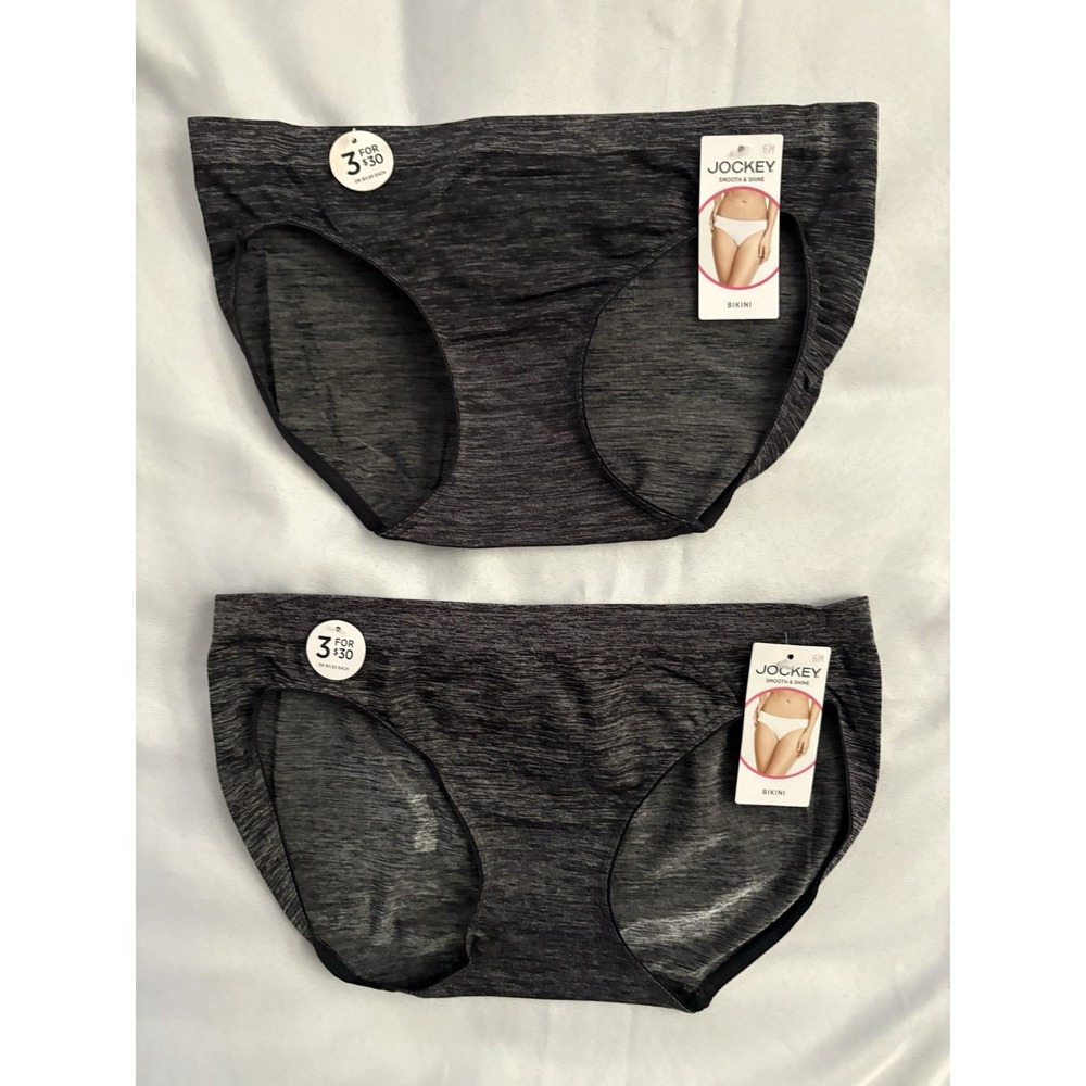 NEW Jockey Smooth and Shine Heathered Black Bikini 2 Pair Women's Size 6 Medium